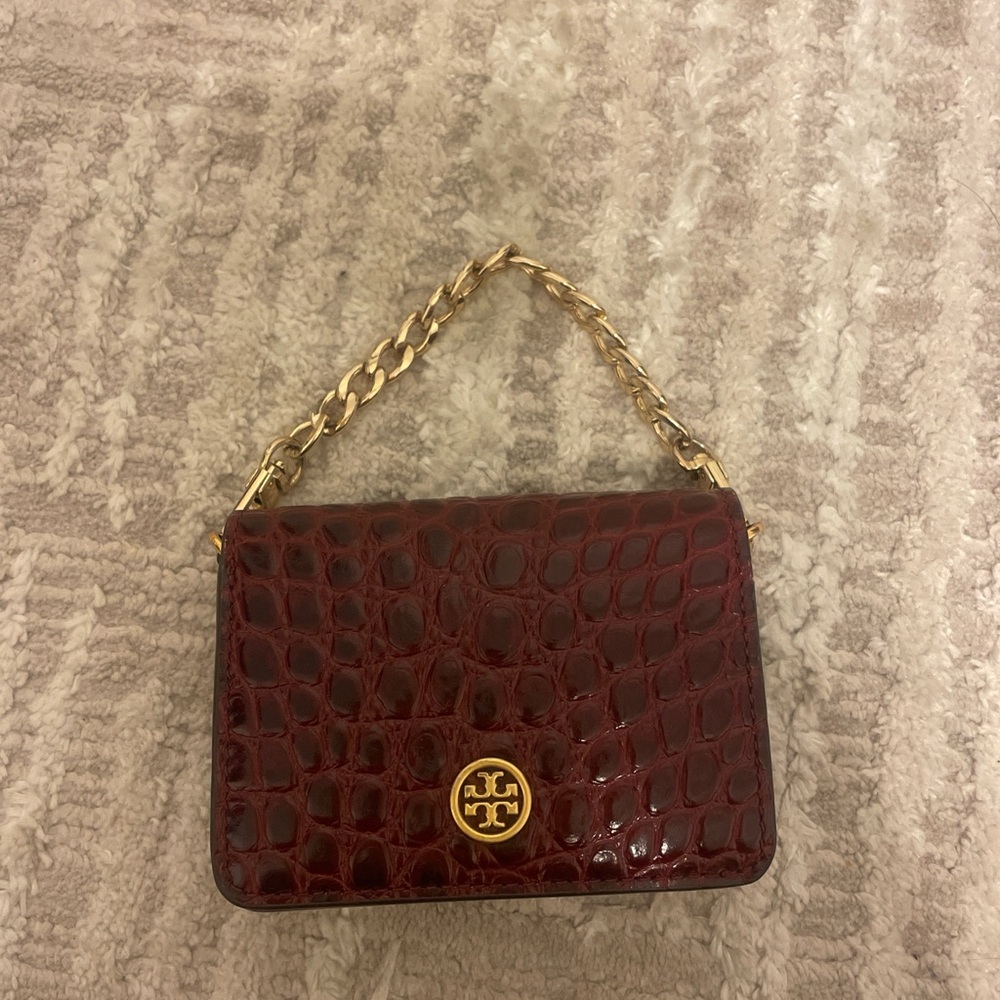 Tory Burch Burgundy Croc-Embossed Clutch with Gold Chain